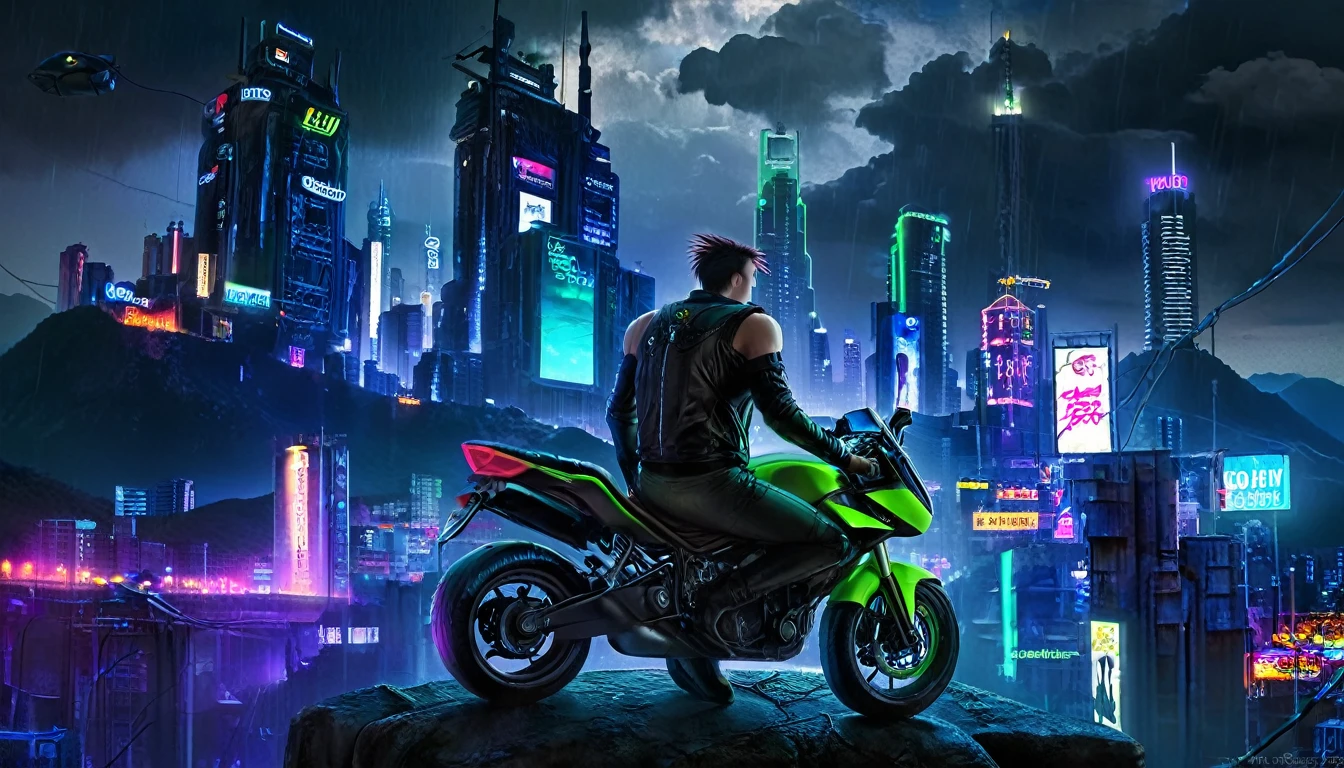 In a cyberpunk world, a man sits astride his motorcycle, overlooking a neon-lit city from atop a mountain. The sky is overcast with dark clouds, and a light rain continues to fall. Amidst the urban sprawl, one exceptionally tall building stands out. Neon lights and various other sources of illumination fill the cityscape. Beside this towering structure, an enormous screen displays continuous advertisements. The man, seen from behind, surveys the world below.