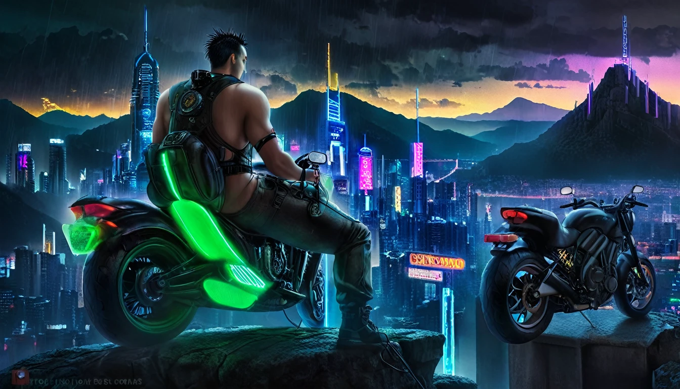 In a cyberpunk world, a man sits astride his motorcycle, overlooking a neon-lit city from atop a mountain. The sky is overcast with dark clouds, and a light rain continues to fall. Amidst the urban sprawl, one exceptionally tall building stands out. Neon lights and various other sources of illumination fill the cityscape. Beside this towering structure, an enormous screen displays continuous advertisements. The man, seen from behind, surveys the world below.