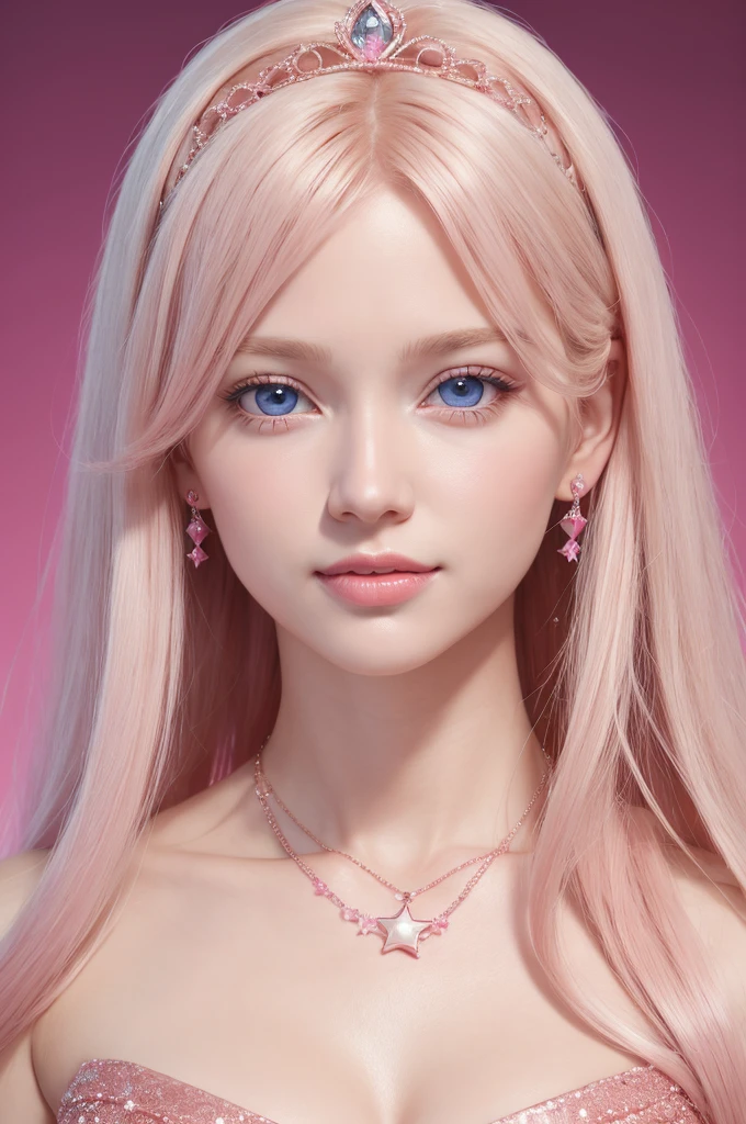 1girl,star blue eye,blush,perfect illumination,upper body,3DMM,blonde hair,long hair,jewelry,gradient pink background,pink dress,earrings,pink dress,realistic,necklace,looking at viewer,tiara,pink lips,light smile,unreal engine,side lighting,detailed face,bangs,bright skin