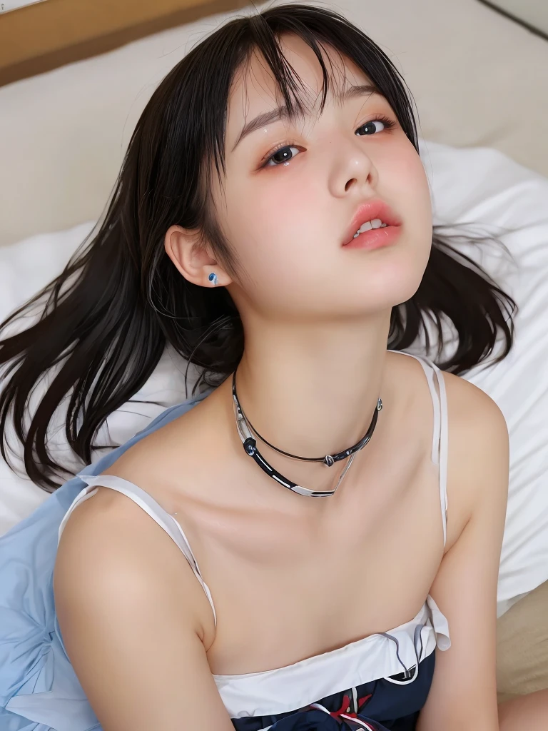 neat japanese girl age is teenager fetures of whole body black hair midium straight hair style small face dark blue pupils thin upper lip milky white skin
