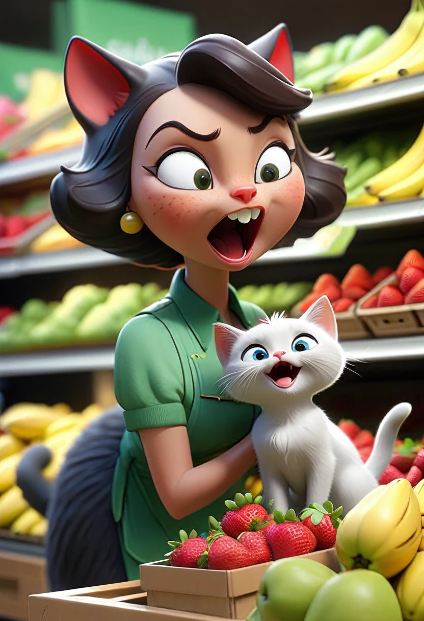 Kitty and Mama in the grocery section of the store. Kitty is pointing at a pile of strawberries with enthusiasm, and Mama is picking some bananas.Elements: Grocery shelves, fruits (strawberries and bananas), Kitty’s enthusiasm, Mama’s cat attentive look.