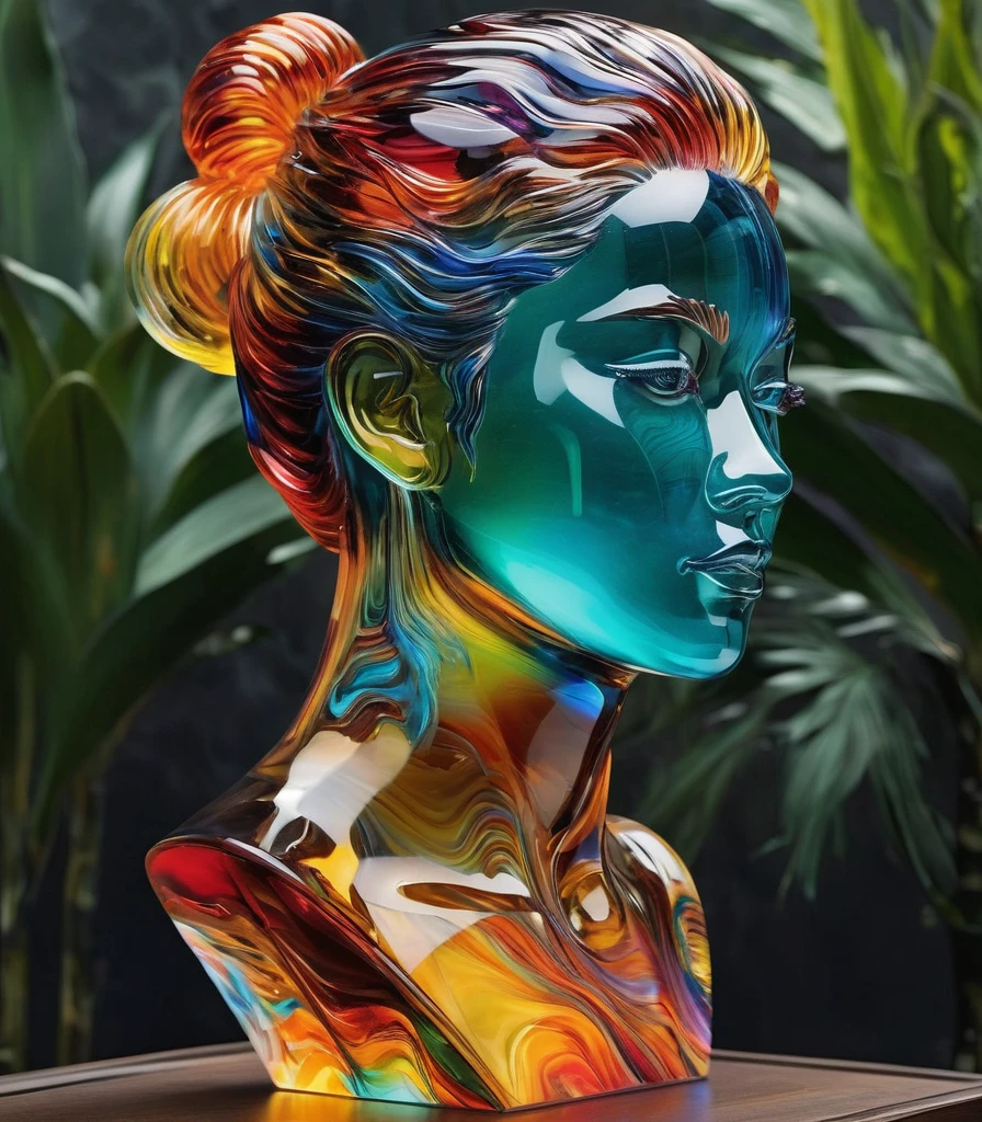 A Detailed and Vibrant Portrait of Glass Sculpture, alisabcnv in a fantastic landscape with vibrant colors and intricate details, rendered in an art style that mixes realism with elements of surrealism, made by artists such as Ruan Jia and Yoshitaka Amano.