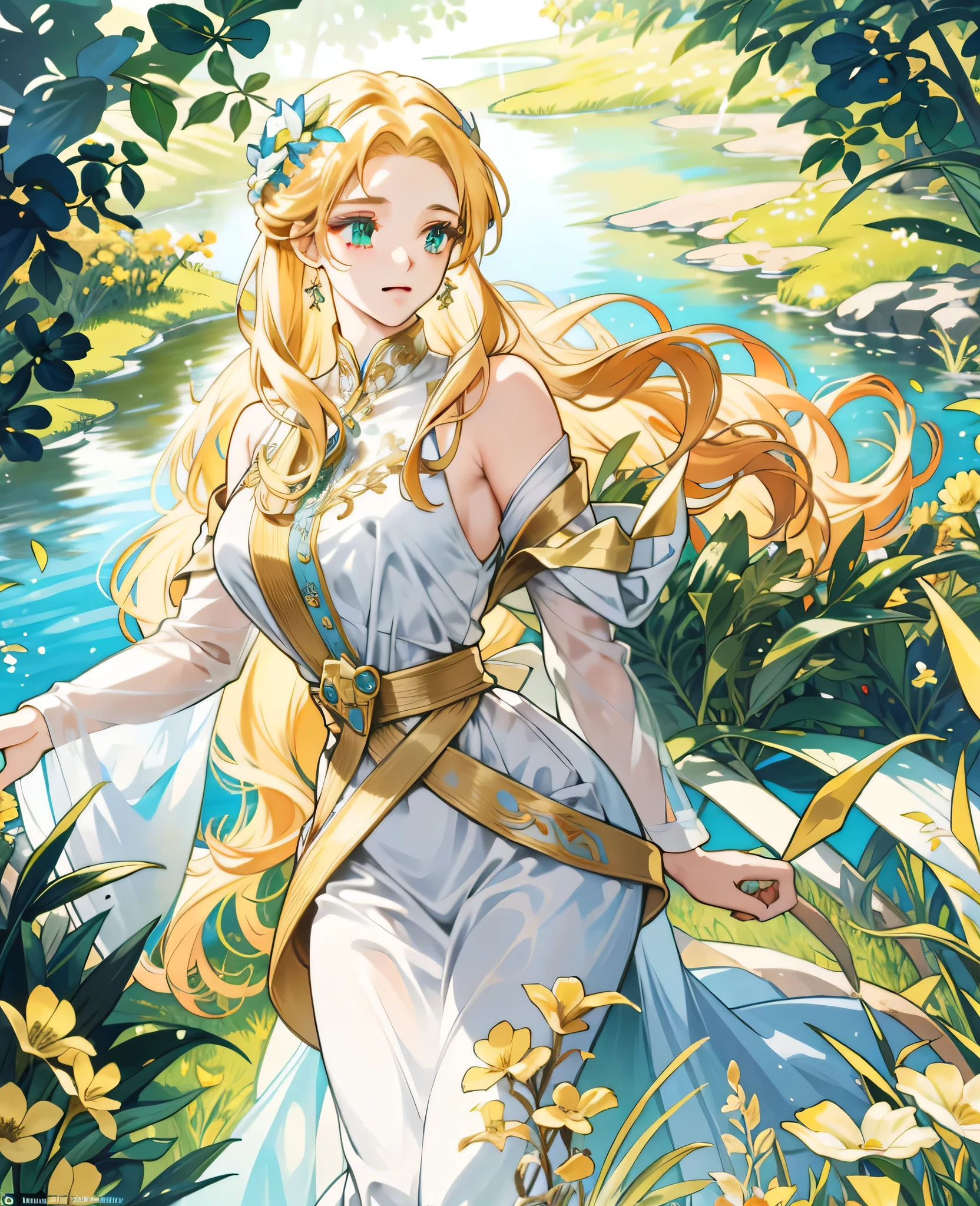 ((masterpiece:1.2, best quality)), ultra detailed, Ultra-precise depiction, Ultra-detailed depiction
Leticia, the goddess of fertility, life, and abundance. She has flowing golden hair that glimmers like sunlight, and her striking emerald green eyes are vibrant and full of life. Leticia's skin has a radiant, ethereal glow, embodying warmth and vitality. She is dressed in elegant, flowing robes in shades of white and gold, adorned with floral and vine motifs that symbolize her connection to nature and growth.
Include symbols such as wheat sheaves, green vines, and golden flowers to emphasize her dominion over fertility and abundance.
The setting can be a serene, nature-filled environment, possibly near a crystal-clear spring or amidst a blooming grove, highlighting her connection to water and nourishment. The artwork should convey a sense of peace, renewal, and the flourishing energy of life.