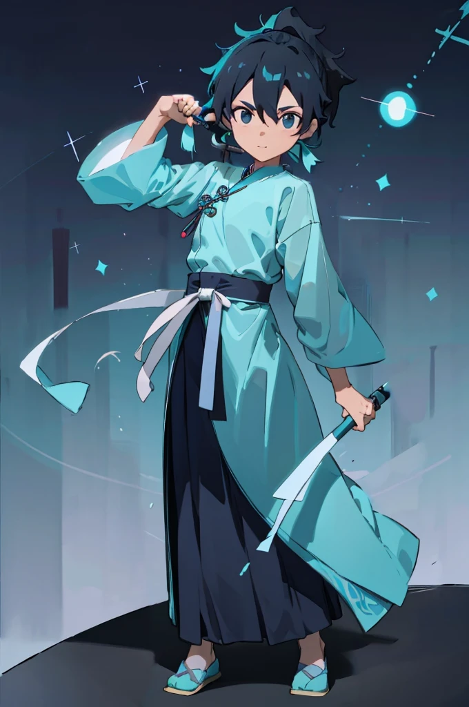 Body facing right，Cyan Chinese Hanfu
