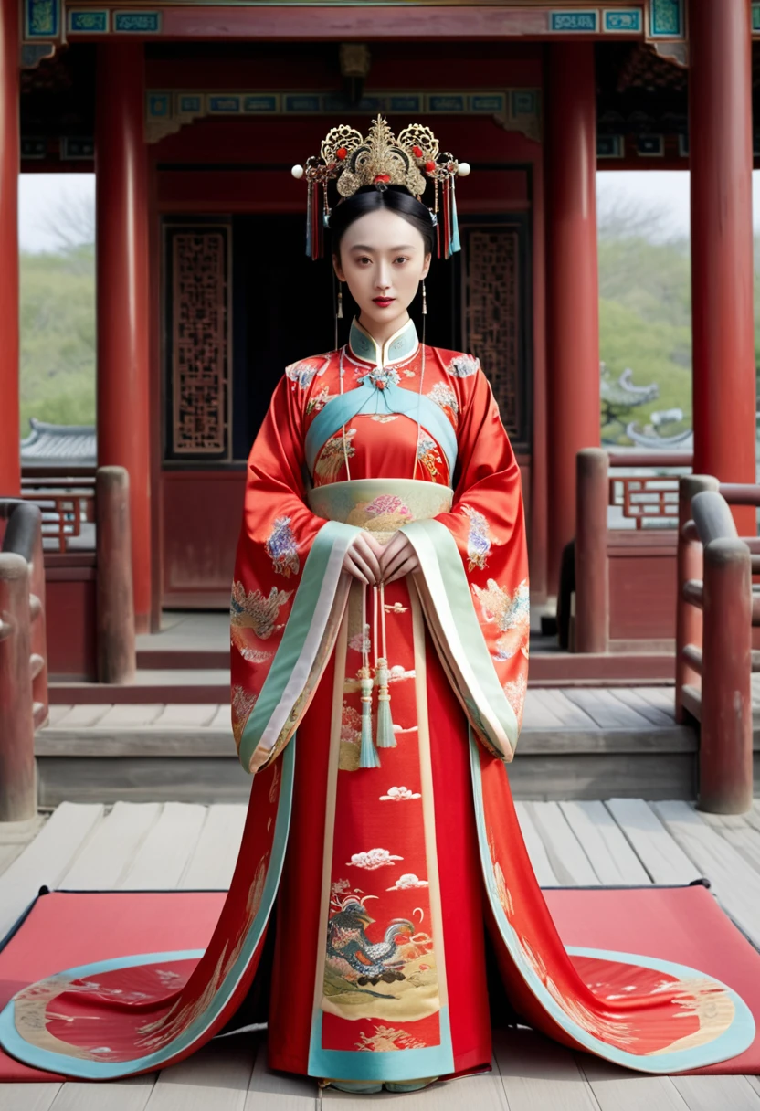 Chinese actress Ruyi Den Jow Shun (Zhou Xun) similar face Qing dynasty empress seen from front standing full body empress red costume open and out looking large breasts and hairy pussy
Nude
Qing Dynasty Chinese palace outside stone tatami mats with large crown of Empress of China hairstyle