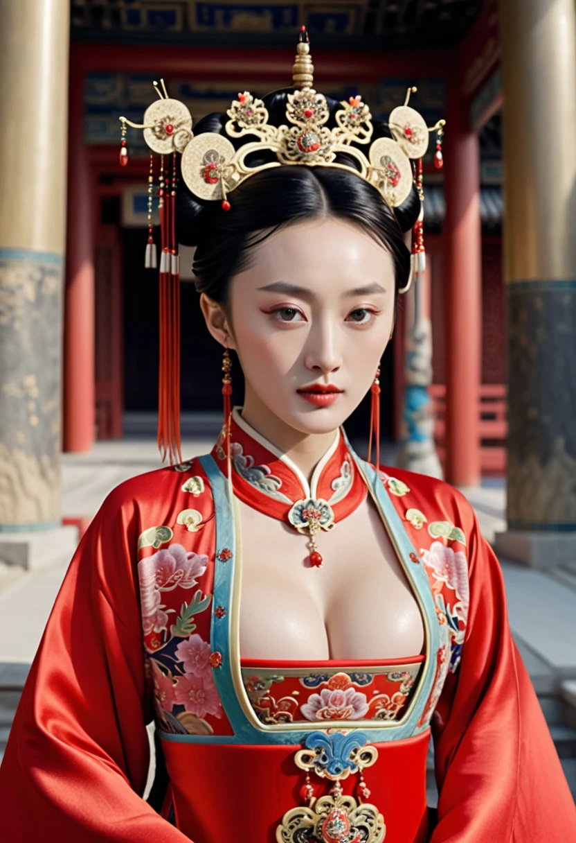 Chinese actress Ruyi Den Jow Shun (Zhou Xun) similar face Qing dynasty empress seen from front standing full body empress red costume open and out looking large breasts and hairy pussy　
Nude
Qing Dynasty Chinese palace outside stone tatami mats with large crown of Empress of China hairstyle