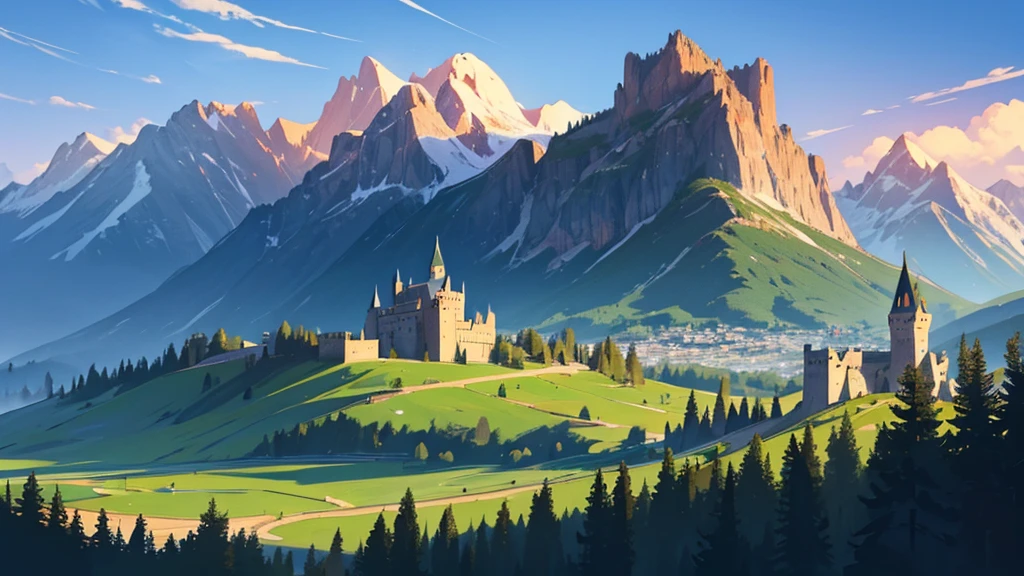 Mountainous landscape, in the distance there is a castle of three towers, rounded roof, one tower in the middle is higher than the others, bushes are visible in front of the castle