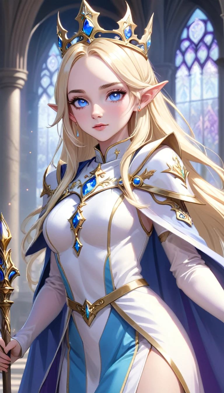 beautiful elven female bishop of the cathedral, cool beauty, piercing blue eyes, shoulder-length blonde hair, make-up, amorous and lewd face, great proportion, wearing splendid white, light blue and gold bishop's uniform and crown, large staff embedded with purple jewel, (ultra detailed, absolutely resolution, best quality:1.3), 2.5D, delicate and dynamic, foggy effects, glitter effects