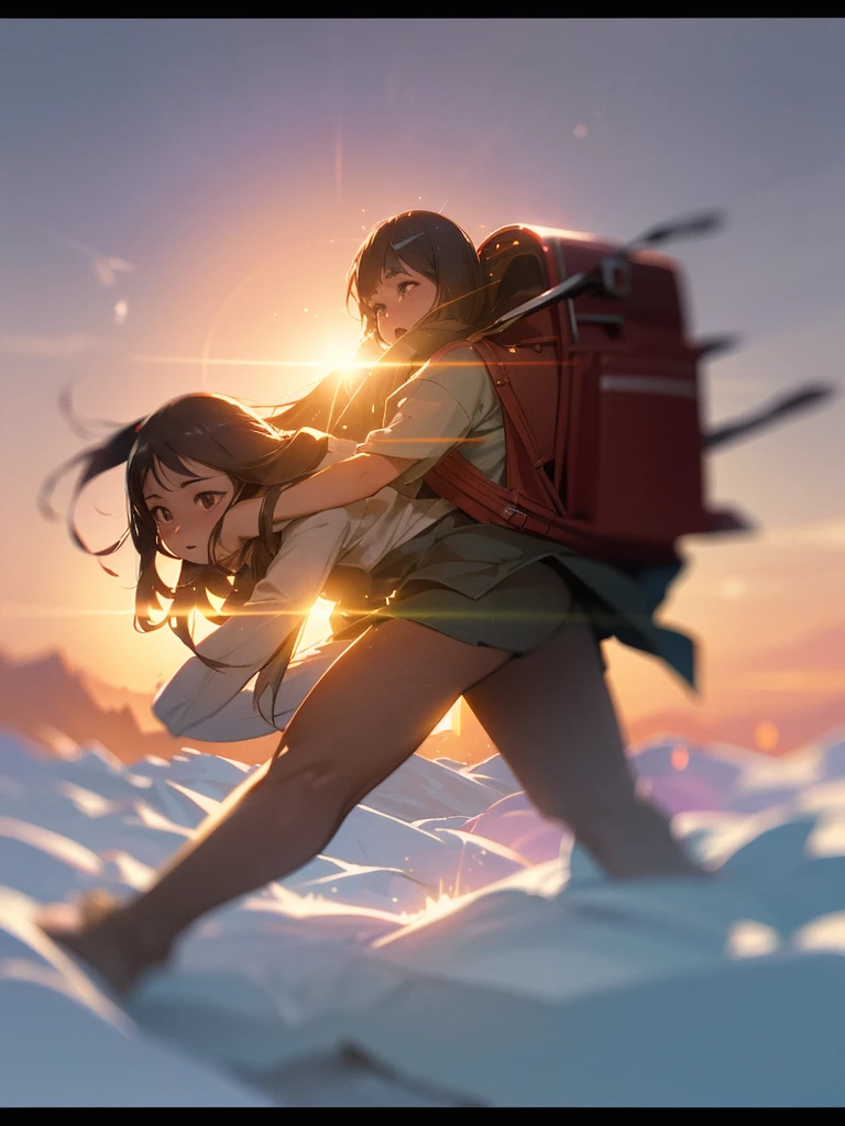 (Sumilux f1.4 50mm , low Latitude old color negative film , cross process , bokeh, flare, chromatic aberration , soft focus, (Shallow focus) , soft glow , Maximum aperture, high Key , Transparent depiction) , Dwarf girl carrying a huge backpack , Running away, with chasing dragon