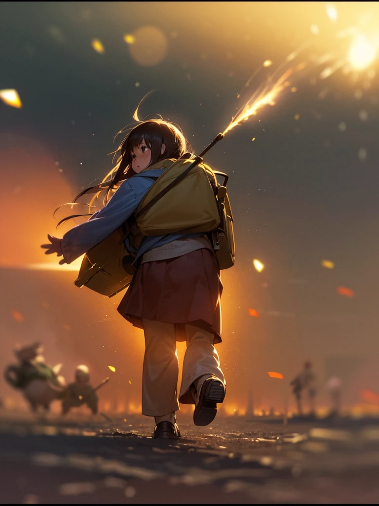 (Sumilux f1.4 50mm , low Latitude old color negative film , cross process , bokeh, flare, chromatic aberration , soft focus, (Shallow focus) , soft glow , Maximum aperture, high Key , Transparent depiction) , Dwarf girl carrying a huge backpack , Running away, with chasing dragon