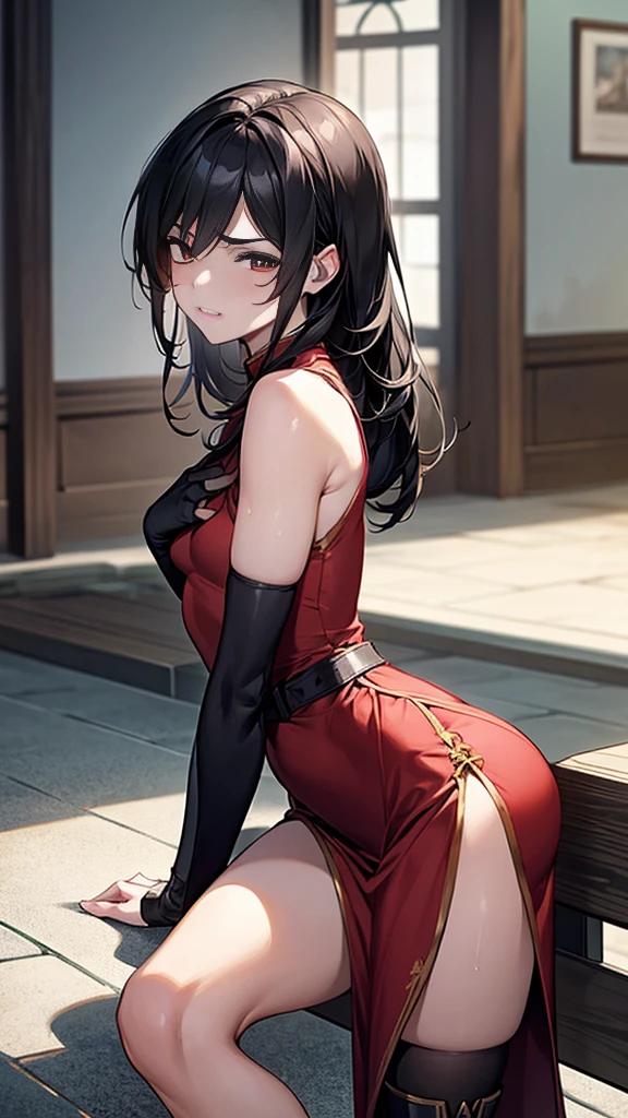 {{masterpiece}}, {{{Highest quality}}},{{Very detailed}},{Gym waiting roomのベンチに深刻な表情で座っている成熟した女性},Sit on a bench., from side,cowboy shot,Focus on legs,{{one eye closed:1.4}}, anger{{Grit your teeth}},Sit with your back to the hunchback.{{blush}},{{V-shaped eyebrows}},{{Female Fighter}},Small breasts,{{Slender body}},{{Adult woman sweating with fatigue}},get annoyed,pain,A sleeveless red cheongsam with a slit Long black hair Black knee socks Black arm cover Fingerless gloves short boots Place your hands on your knees Waist belt Red pelvic curtain Gym waiting room