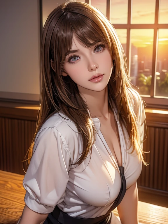 (school teacher outfit:1.5), (realistic, realistic photo: 1.37), high definition RAW photograph, high definition and beautiful, 8k Image wallpaper, Amazing details, highly detailed beautiful girl, Extremely detailed face, (Finely defined super beautiful eyes:1.5), (soft smiling:0.8), Depth of written boundary, natural soft lighting, UHD, Realistic Skin, Wide hips, evening sunset, (evening sunset outside the window:1.2, sunset through window:1.2), From inside the classroom, ((Rest chin on hand)), Elbow on the table, cute girl, realistic, (Tight hair), (Ultra Soft hair), (ultra straight hair), Swept long bangs, light coppery amber hair, skinny body, (Best Quality, High quality, High Definition, high quality texture, high detailing, Beautiful detailed, fine detailed, extremely details CG, Detailed texture,realistic representation of face, masterpiece, presence,Dynamic,Bold), Curvaceous, Ultra detailed skin, Beautiful breasts, small breasts, pale skin, pointed breast, Erect nipples,
