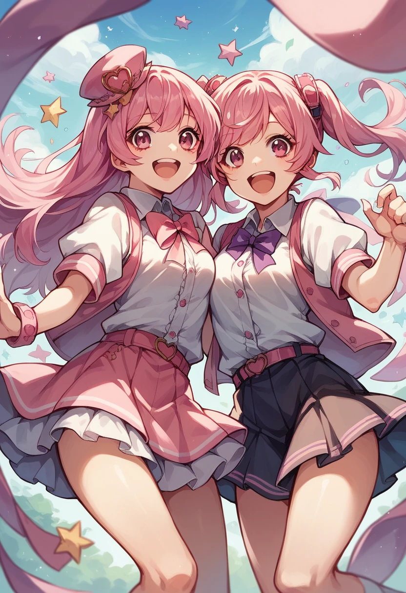 Two cute anime girls twin, pink hair, pink eyes, idol outfit, short skirt, happy, back hug