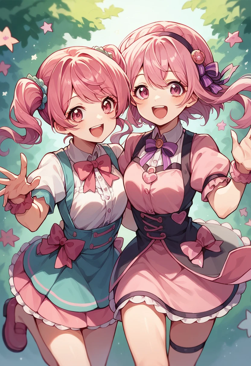 Two cute anime girls twin, pink hair, pink eyes, idol outfit, short skirt, happy, jump