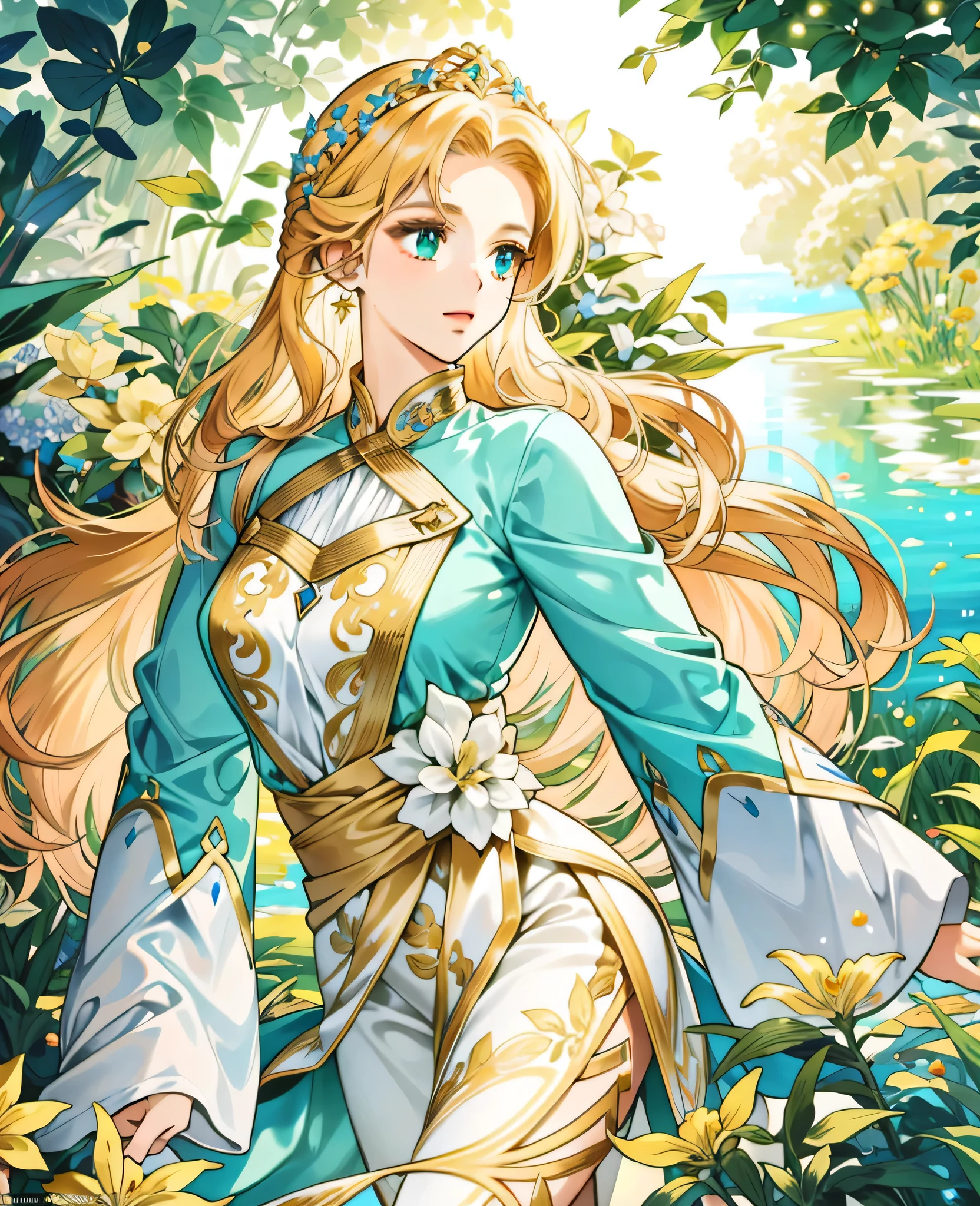 ((masterpiece:1.2, best quality)), ultra detailed, Ultra-precise depiction, Ultra-detailed depiction
Leticia, the goddess of fertility, life, and abundance. She has flowing golden hair that glimmers like sunlight, and her striking emerald green eyes are vibrant and full of life. Leticia's skin has a radiant, ethereal glow, embodying warmth and vitality. She is dressed in elegant, flowing robes in shades of white and gold, adorned with floral and vine motifs that symbolize her connection to nature and growth.

 Include symbols such as wheat sheaves, green vines, and golden flowers to emphasize her dominion over fertility and abundance. 

The setting can be a serene, nature-filled environment, possibly near a crystal-clear spring or amidst a blooming grove, highlighting her connection to water and nourishment. The artwork should convey a sense of peace, renewal, and the flourishing energy of life.
