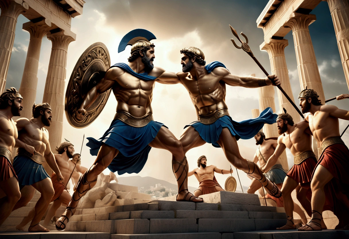 (Ancient Greek Art), The Greek gods fought bravely, full body, award-winning, cinematic still, emotional, vignette, dynamic, vivid, (masterpiece, best quality, photorealistic, Professional, perfect composition, very aesthetic, absurdres, ultra-detailed, intricate details:1.3)