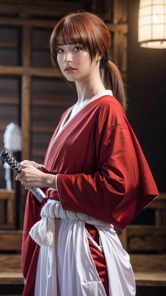 "Rurouni Kenshin",
Moment of enthusiasm, Bold,
Capturing the essence of her fiery determination and indomitable spirit, She explodes in rage, Strongly conveys the raw power of Kenshin's rage, Emphasizing the intensity of the scene, The woman is in a determined stance,
Action with a straight sword in hand,
Long hair, Ponytail, Red hair, ((Red eyes)), Bright red lipstick,
Katana, Holding a sword in hand,
Cross sign on left cheek,
High quality, Realistic,
20-year-old woman,
She wears a red kimono with an intricate pattern, Combined with a white hakama,
The lighting is realistic, (Masterpiece+Top quality+High resolution+Very detailed), (Full body:1.2),Symmetrical, One cut,
