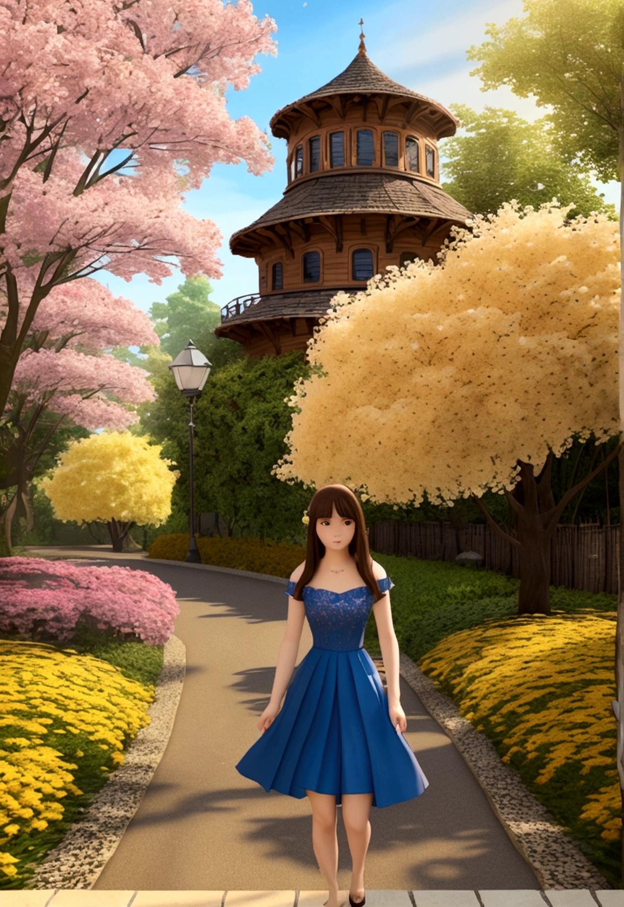 a girl in a village on a sunny morning road, beautiful colorful trees around, flower petals falling like rain, anime style, 3d rendering, computer graphics, (best quality,4k,8k,highres,masterpiece:1.2),ultra-detailed,(realistic,photorealistic,photo-realistic:1.37),extremely detailed eyes and face, longeyelashes, beautiful detailed lips, intricate details, vibrant colors, warm lighting, magical atmosphere, enchanting scenery