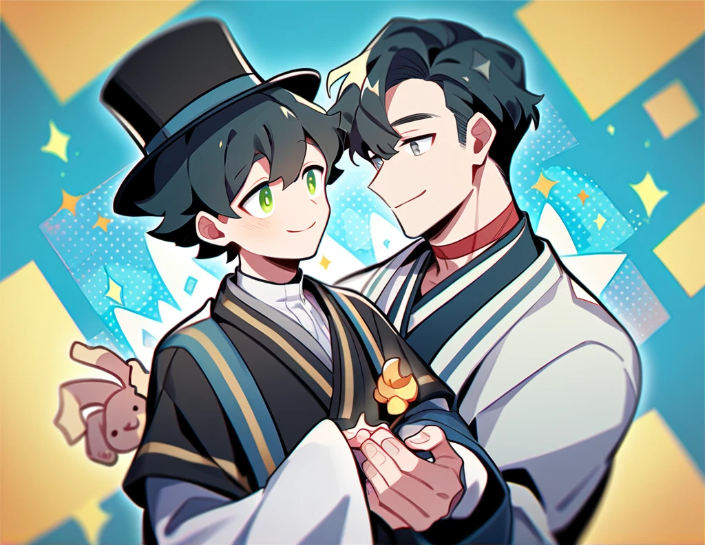 2 young men, focus man , Yaoi, pair, 1 daughter, 2 twin sons, portable princess, bear, look elsewhere, smile, short hair, black hair, green eyes, black hair, gray eyes , The best aesthetics , best quality, Amazing quality, The best aesthetics, nonsense,bright
