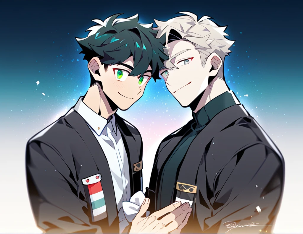 2 young men, focus man , Yaoi, pair, 1 daughter, 2 twin sons, portable princess, bear, look elsewhere, smile, short hair, black hair, green eyes, black hair, gray eyes , The best aesthetics , best quality, Amazing quality, The best aesthetics, nonsense,bright