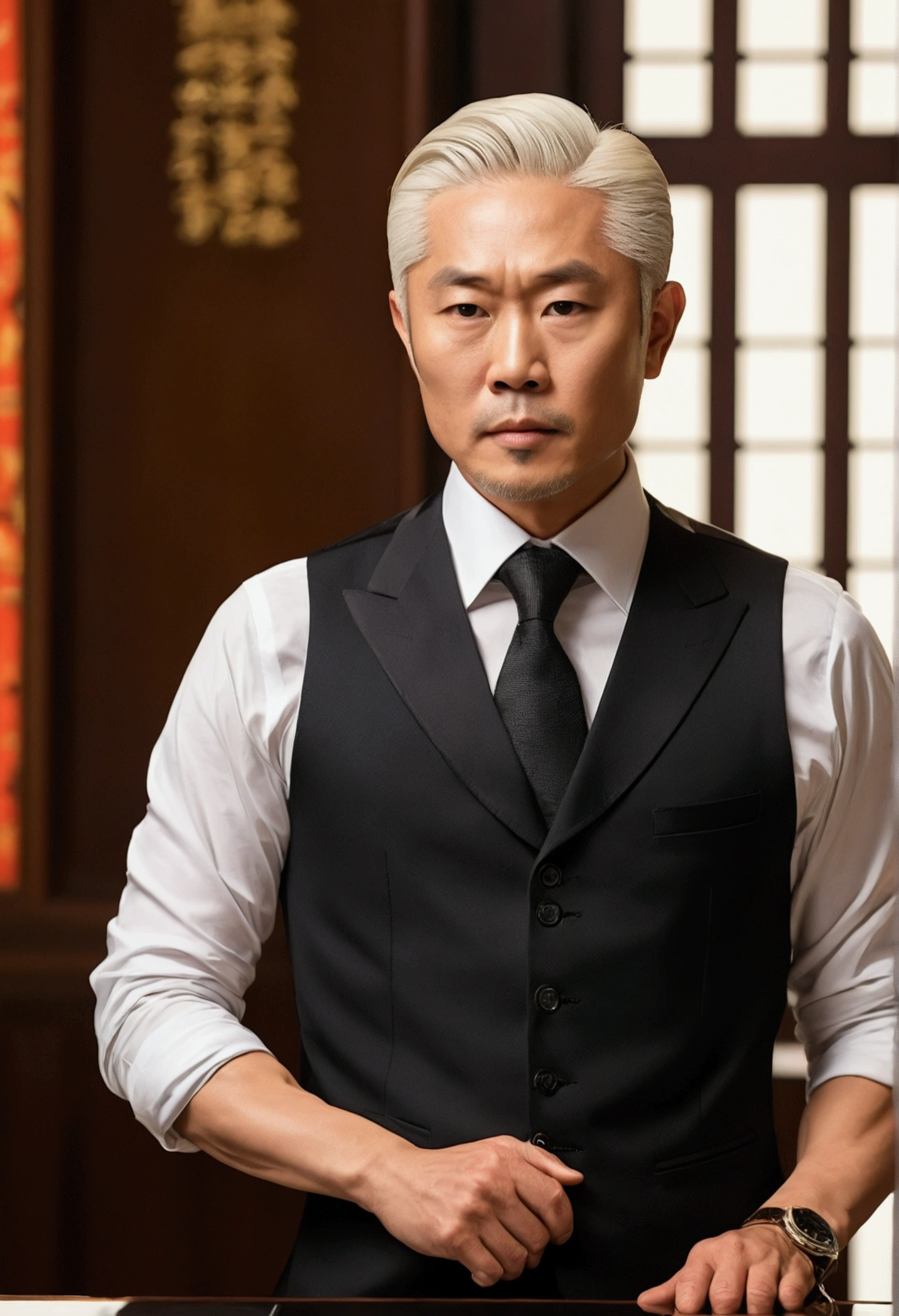 (((A photo of 35 year old asian man))), engaged in a high-stakes negotiation with business rivals,muscle,original,gentleman with vest, the fictional patriarch in “Succession,” possesses a commanding presence, characterized by his tall stature, sharp suits that speak to his power and wealth, and an often stern, unyielding facial expression. His aging appearance, marked by a full head of white hair and a penetrating gaze, adds to his intimidating demeanor., male
