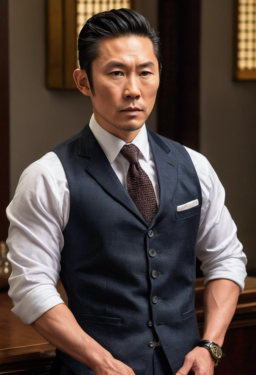 (((A photo of 35 year old asian man))), engaged in a high-stakes negotiation with business rivals,muscle,original,gentleman with vest, the fictional patriarch in “Succession,” possesses a commanding presence, characterized by his tall stature, sharp suits that speak to his power and wealth, and an often stern, unyielding facial expression. His aging appearance, marked by a full head of white hair and a penetrating gaze, adds to his intimidating demeanor., male

