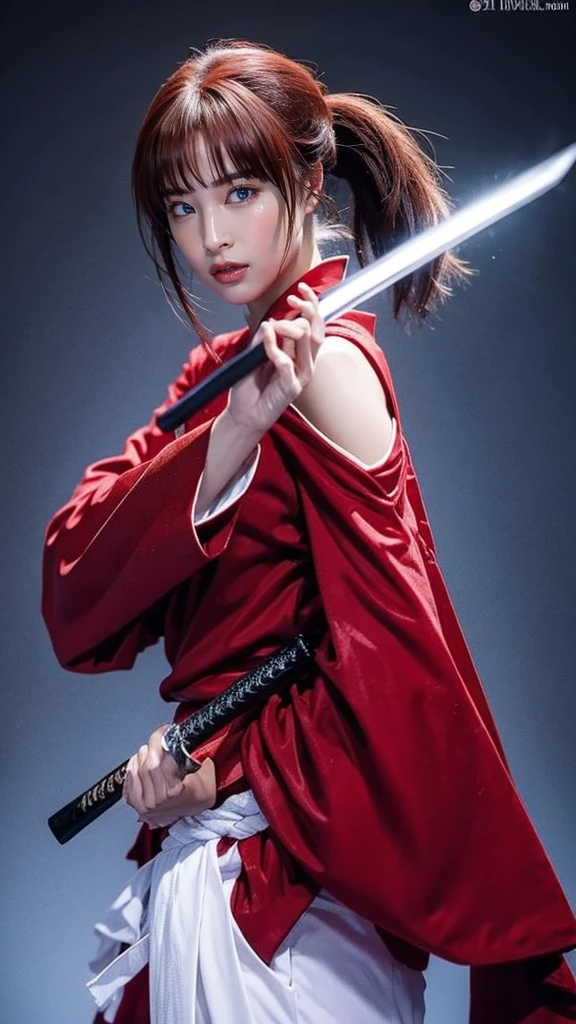 "Rurouni Kenshin",
Moment of enthusiasm, Bold,
Capturing the essence of her fiery determination and indomitable spirit, She explodes in rage, Strongly conveys the raw power of Kenshin's rage, Emphasizing the intensity of the scene, The woman is in a determined stance,
Action with a straight sword in hand,
Long hair, Ponytail, Pink hair, ((Red eyes)), Bright red lipstick,
Katana, Holding a sword in hand,
Cross sign on left cheek,
High quality, Realistic,
20-year-old female,
She wears a red kimono with an intricate pattern, Combined with a white hakama,
The lighting is realistic, (Masterpiece+Top quality+High resolution+Very detailed), (Full body:1.2),Symmetrical, One cut,