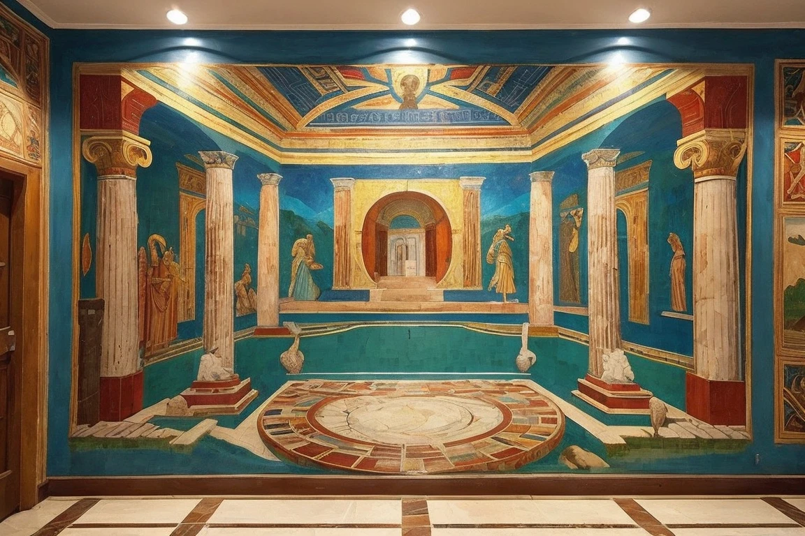 Ancient Greece, Fresco, mosaic, Colorful, Mythological scenes, Interior decoration, mural, Rich in detail, Art details, Light and shadow, Historical art
