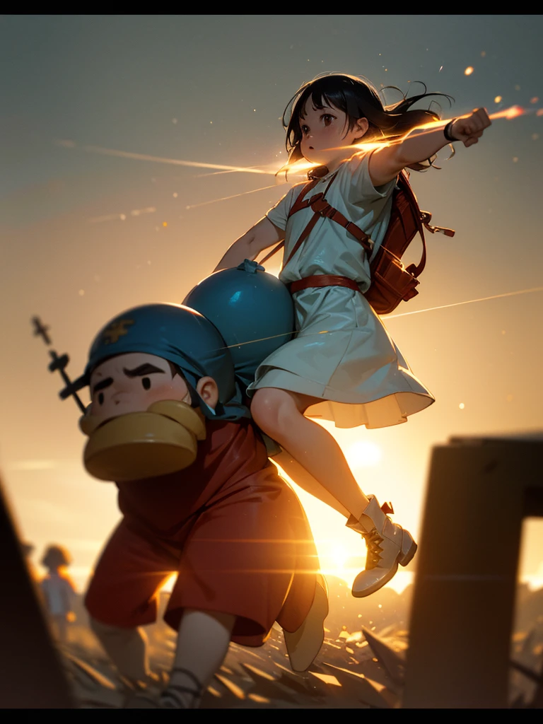 (Sumilux f1.4 50mm , low Latitude old color negative film , cross process , bokeh, flare, chromatic aberration , soft focus, (Shallow focus) , soft glow , Maximum aperture, high Key , Transparent depiction) , Dwarf girl , Muscular, short , carrying a huge backpack , Running away, with chasing dragon