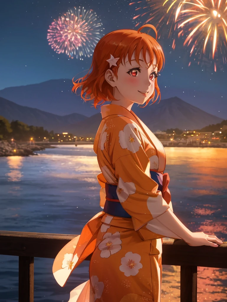 Create an image of Chika Takami from Love Live! Sunshine. She has orange hair, red eyes, and is wearing a white yukata with floral patterns. Her hair is gently swaying in the wind as she smiles. It's nighttime with stars in the sky, set by the sea and mountains, on a bridge. A single firework is in the sky. The image should be of the highest quality, with accurate finger count.far and near method, Shoulder-length hair、Riverbank、Cowboy Shot, Fireworks can be seen in the distance、