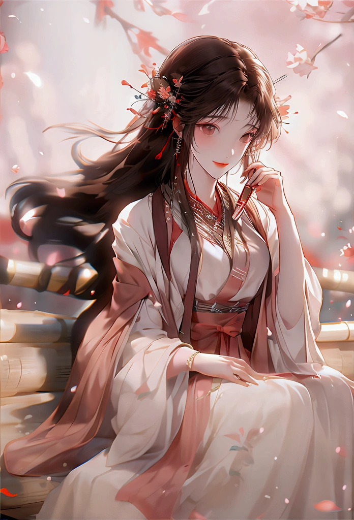 1girl,Long brown hair decorated with flowers 🏵️, bright brown eyes,Smile, smile,Girl wearing a simple hanfu, looks beautiful and pure,The background is filled with red mulberry trees 🍁,Falling leaves make the atmosphere look beautiful,Girl is holding a bamboo basket containing mulberry flowers 🍁while picking flowers, graceful, beautiful, magical, sweet, ultra detailed, 4k