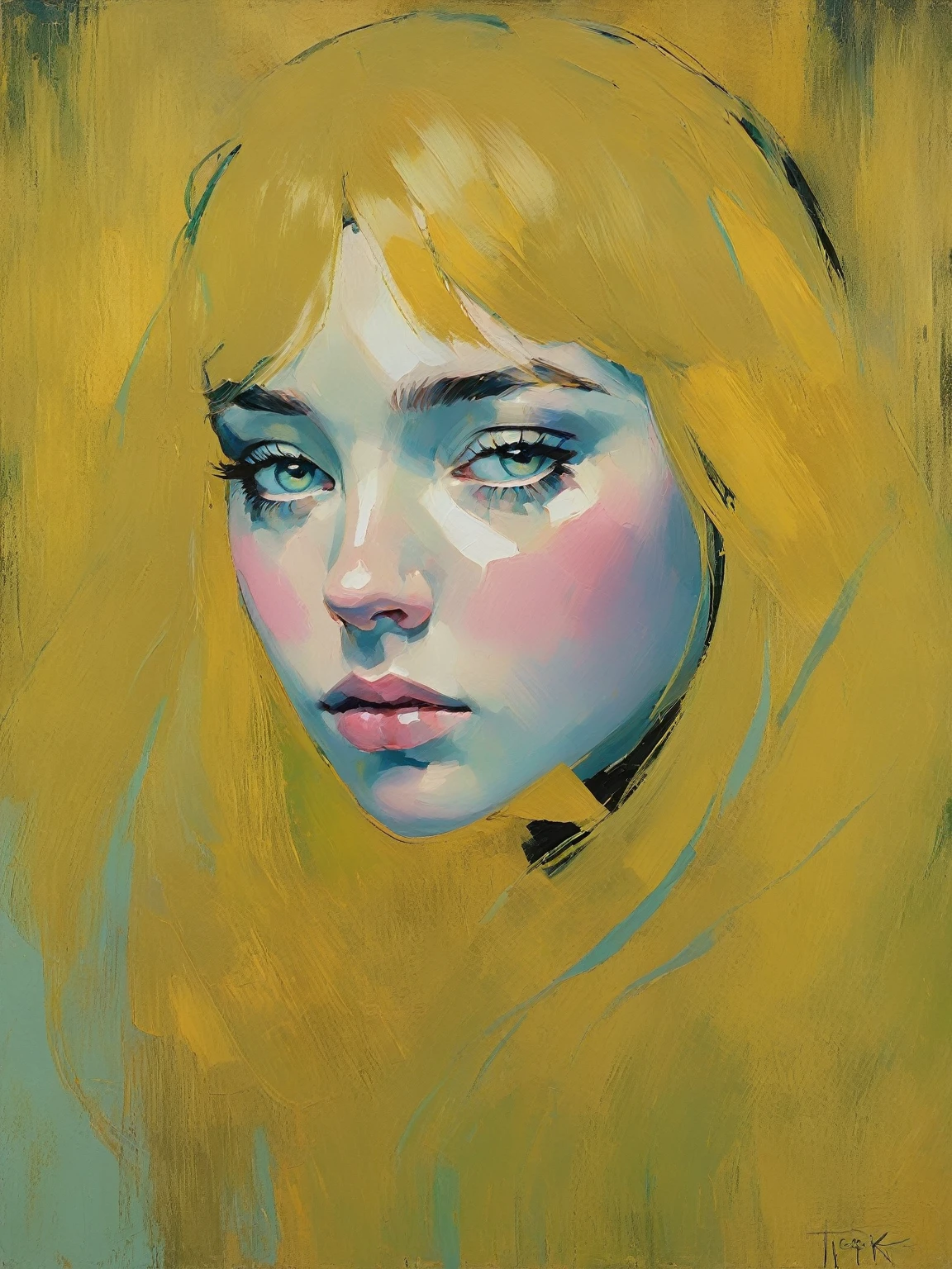 Create an evocative oil painting inspired by Malcolm Liepke, based on the provided image. Capture the intense, introspective expression of the young subject using thick, expressive brushstrokes and a muted color palette. Highlight the emotional depth and vulnerability in the subject's gaze, emphasizing the play of light and shadow on their face. Maintain a simple, textured background that complements the subject's contemplative presence. Focus on the tactile quality of the oil paint to convey the raw emotion and intimacy characteristic of Liepke's style.girl with beautiful eyes