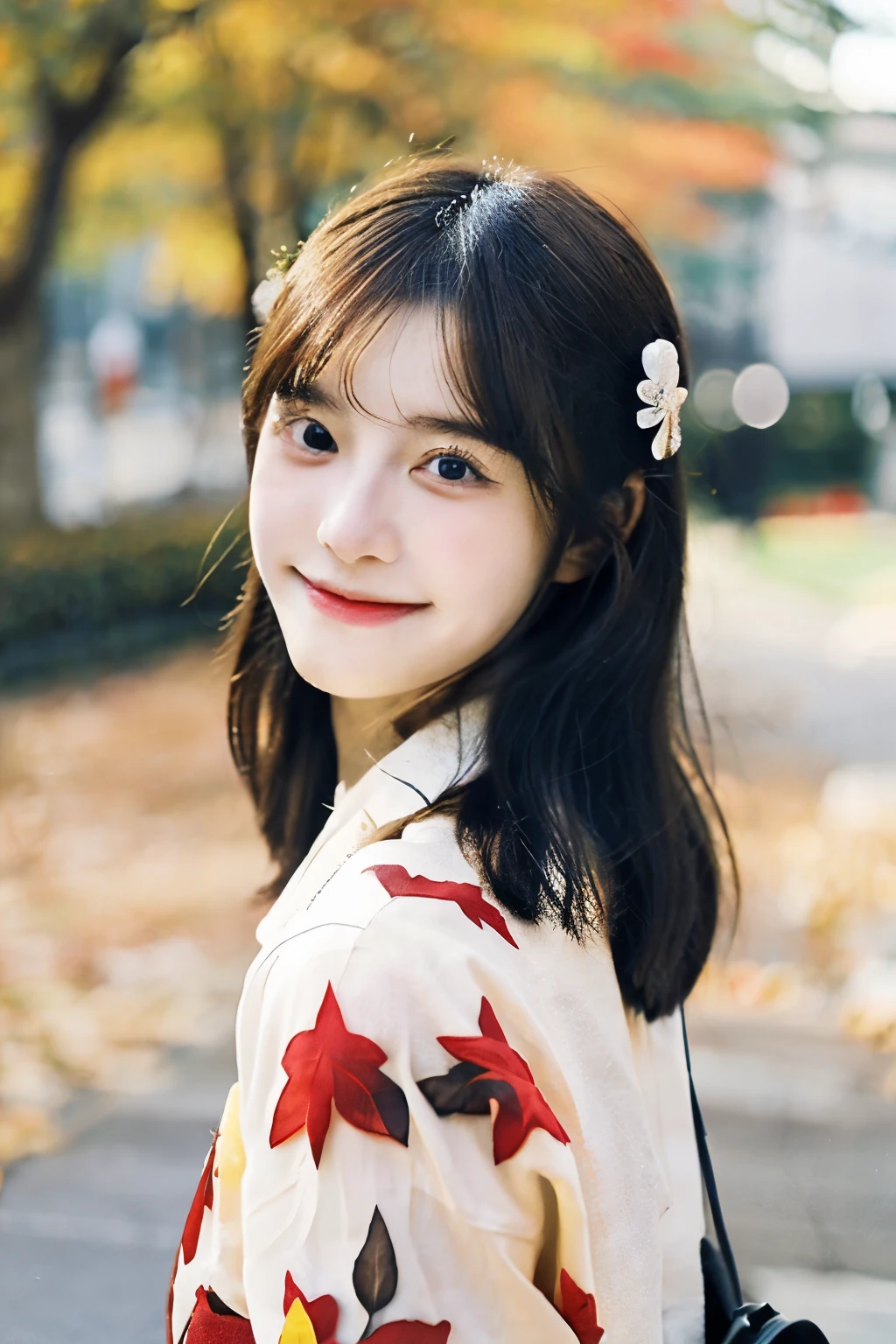 (realistic:1.3), Rembrandt light, (Masterpiece:1.2), (photorealistic:1.2), (best quality), (Fine skin:1.3), (complicated details), Ray Tracing,1 girl, Japanese girl, 21 years old, Fine skin texture, (Blush:0.5), subsurface scattering, smile, Up your hair, smooth, hair between the eyes, hair accessories, kimono, floral print, enter edgJF_kimono, Sesa (bright sunny day, autumn setting, Autumn trees and leaves, (Be transparent:1.2)