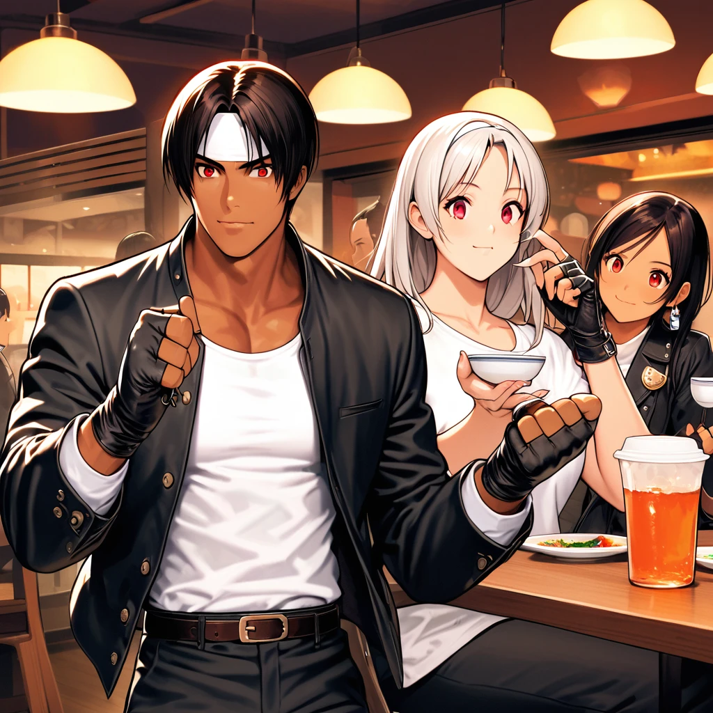 Orochikyo, Dark Skin,Red eyes,Black jacket, Fingerless gloves, White T-shirt, White headband, Black trousers, White shoes, Tea belt, good looking,indoor, charm, masterpiece, High resolution, Detailed face,fine grain, Confident and surprised face,Eating with friends at a restaurant,Busy