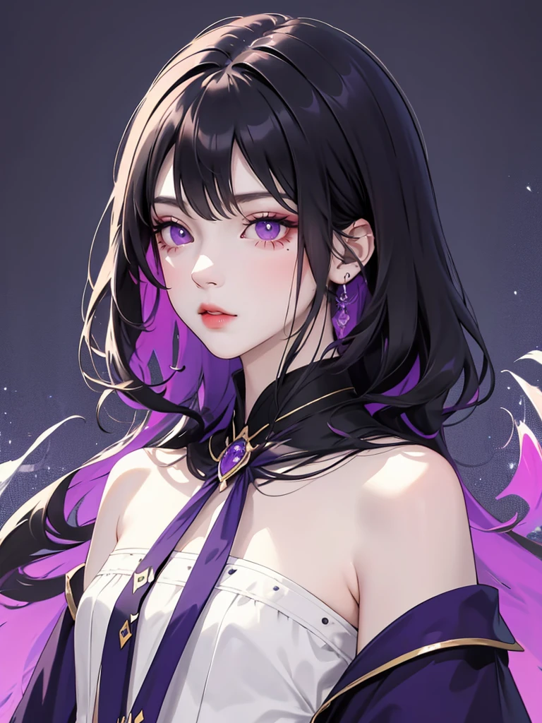 (flat color:1.1),(masterpiece:1.2), original, medium length straight black hair, Purple-colored eyes, mature girl ウエディングドレス