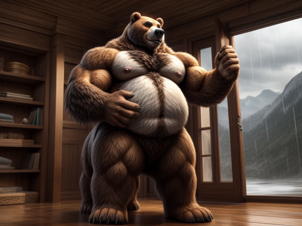 furry, fur taur, beartaur, middle-age, solo,1man, detailed face, bear ears, bear eyes(brown), bear nose(black), bear mouth, beard(grey), mature hair(grey), detailed arms, thick arms, muscular, thick hands(5 fingers), detailed body belly, thick body, muscle belly(white), thick chest, chest hair(white), nipples, detailed taur body, thick taur body, thick bear paws, thick bear tail, full body shot, rainy day, standing on the mountain