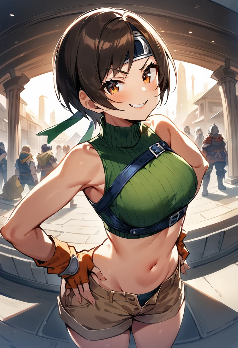 score_9, score_8_up, score_7_up,,BREAK ,best quality,aesthetic,very aesthetic,masterpiece,high-resolution ,mediumshot,(Standing pose),soro focus,1girl, yuffie kisaragi, final fantasy, short hair,headband,navel,sleeveless,turtleneck,brown eyes,sleeveless turtleneck,solo,breasts,looking at viewer,smile,gloves,crop top,brown hair,shorts,midriff,,sweater,open fly,armor,fingerless gloves,ribbed sweater,medium breasts,,smile,smug,Arching the back,hands on own hip, fisheye lens,