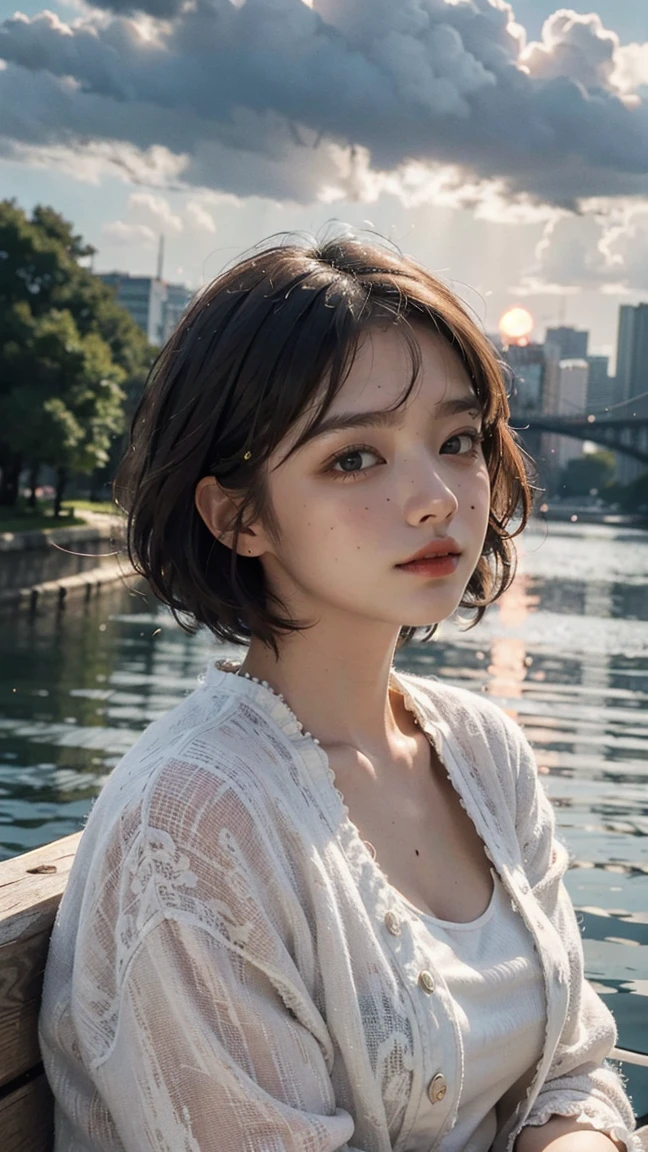 best quality, masterpiece, photo realistic, intricate details, raw photo, photon rendering, octane render, absurdres, ultra detailed, detailed face, detailed skin, trending on artstation,8k masterpiece,cinematic lighting, scenery, scenery, no humans, cityscape, sky, city, cloud, outdoors, building, sunset, city lights, bridge, river, tree, roadn, artist name,Short bob hair,