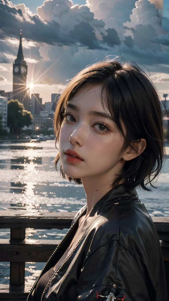 best quality, masterpiece, photo realistic, intricate details, raw photo, photon rendering, octane render, absurdres, ultra detailed, detailed face, detailed skin, trending on artstation,8k masterpiece,cinematic lighting, scenery, scenery, no humans, cityscape, sky, city, cloud, outdoors, building, sunset, city lights, bridge, river, tree, roadn, artist name,Short bob hair,