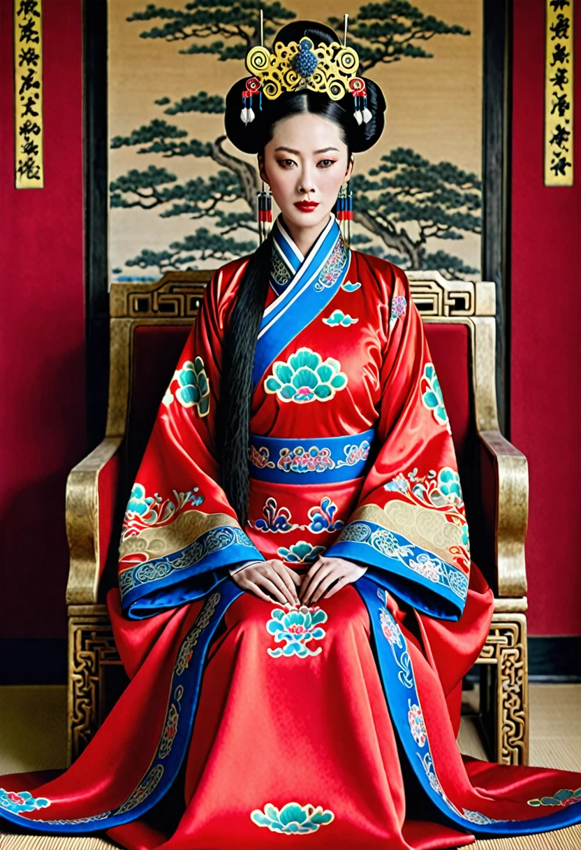 Chinese actress Ruyi Den Jow Shun (Zhou Xun) similar face Qing dynasty empress seen from front standing full body empress red costume open and out looking large breasts and hairy pussy　
Nude
Qing Dynasty Chinese palace outside stone tatami mats with large crown of Empress of China hairstyle