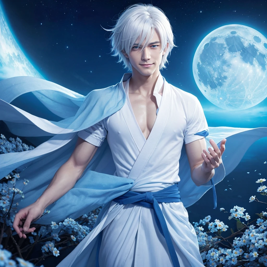 Very detailed, High resolution, High resolution, Absurd, masterpiece, Satoru Gojo, whole body, White hair with bangs, Expressive blue eyes, White eyelashes, JUJUTSU KAİSEN, good looking, y man, alone, Unlimited whitespace, Blue Water, Fantasy, magic, Cursed Energy, Blue aura, Blue petals, good looking smile, Highest quality, blue Moon, Forget-me-not flowers, Internal domains,