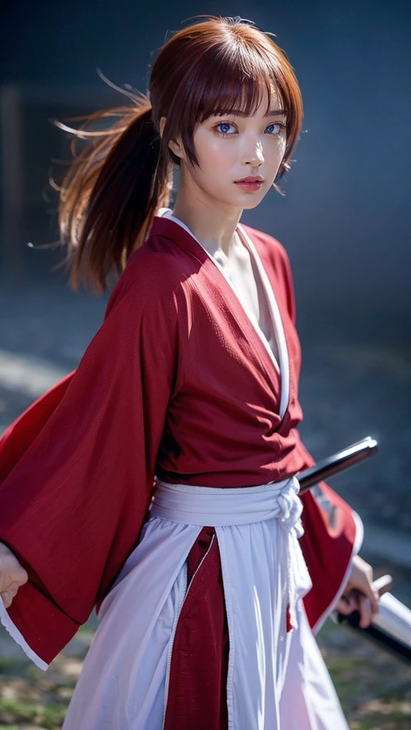"Rurouni Kenshin",
Moment of enthusiasm, Bold,
Capturing the essence of her fiery determination and indomitable spirit, She explodes in rage, Strongly conveys the raw power of Kenshin's rage, Emphasizing the intensity of the scene, The woman is in a determined stance,
Action with a straight sword in hand,
Long hair, Ponytail, Pink hair, ((Red eyes)), Bright red lipstick,
Katana, Holding a sword in hand,
Cross sign on left cheek,
High quality, Realistic,
20-year-old female,
She wears a red kimono with an intricate pattern, Combined with a white hakama,
The lighting is realistic, (Masterpiece+Top quality+High resolution+Very detailed), (Full body:1.2),Symmetrical, One cut,