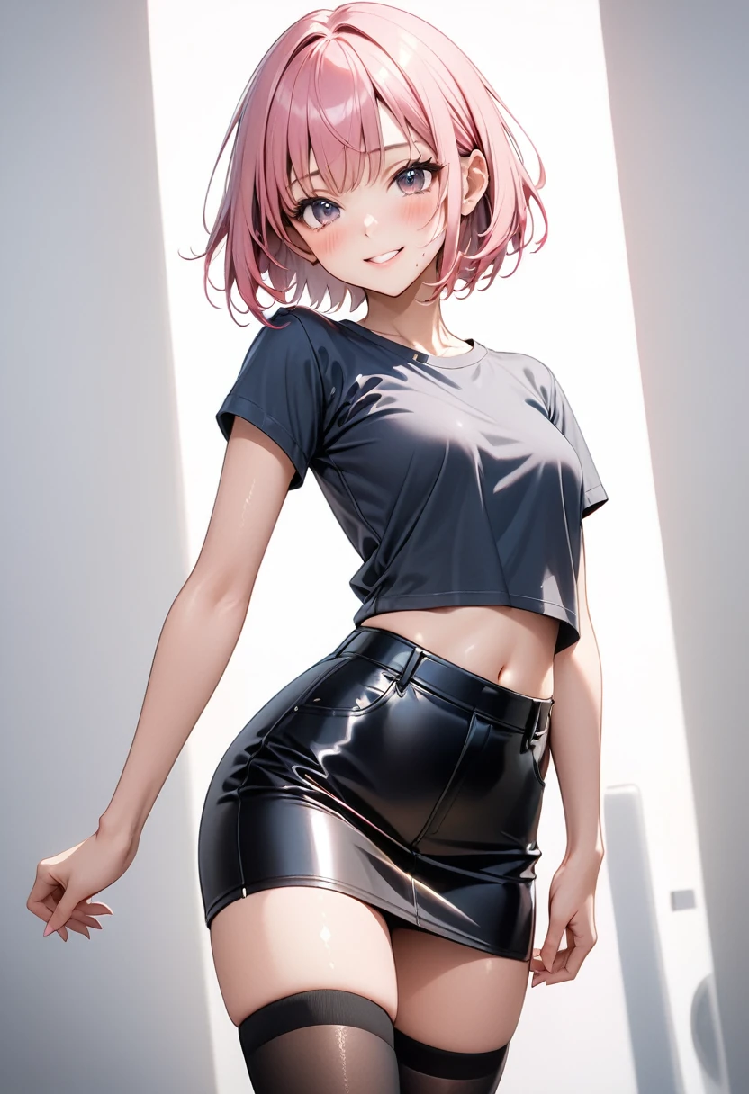 (((Female singer, T-shirt, leather tight skirt, knee socks,))), (Navel), skindentation, skinny, solo, 1 woman, Masterpiece, highest quality, highest quality, 16K, incredibly absurd, highly detailed, 2.5D, ai-generated, delicate and dynamic, very delicate facial expressions, delicate eye depiction, erotic, only sexy woman, ((A cute and kind face)), healthy figure, ((25-year-old woman)), 160cm tall, ((medium firm swaying bust)), medium breasts, (short hair), (pink hair:1.5), bob cut, black eye, blush, Sweat,Embarrassed,sexy, ((thin thighs)), (Erect nipples,:0.5), shiny and lustrous, facing straight at viewer,  smile, ((Oily_skin)), dark skin, ((standing)), ((arm at side)), ((erotic pose)),