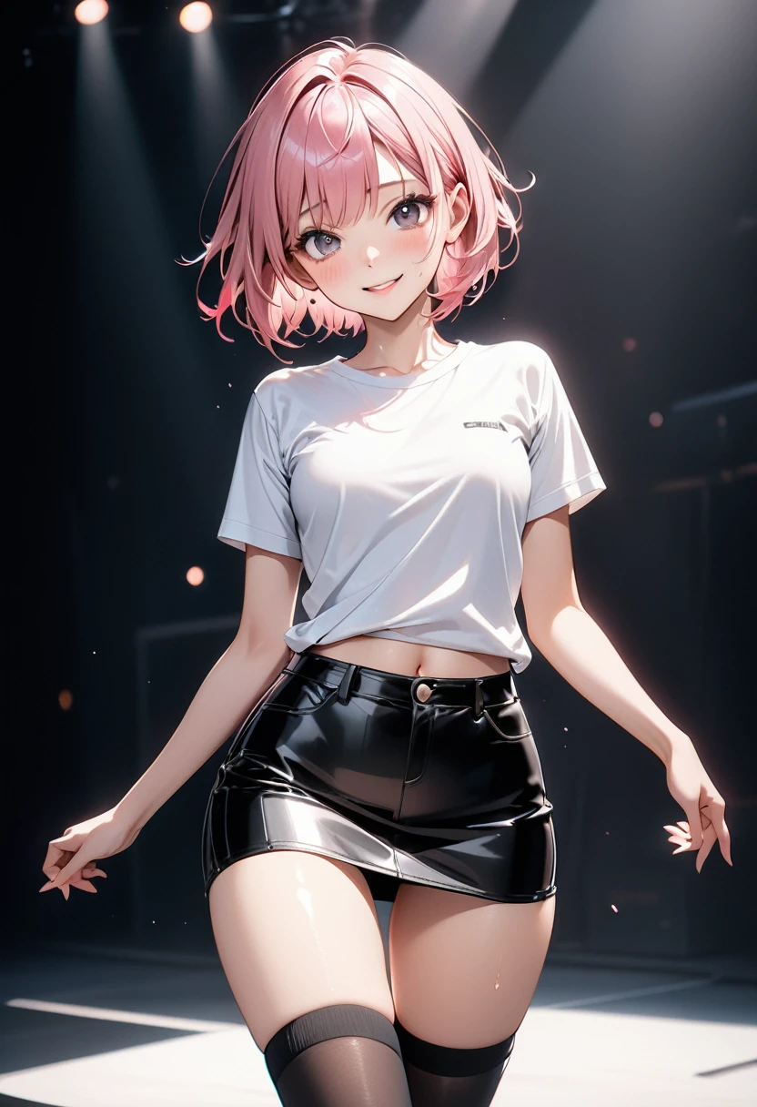 (((Female singer, T-shirt, leather tight mini skirt, knee socks,))), (Navel), skindentation, skinny, solo, 1 woman, Masterpiece, highest quality, highest quality, 16K, incredibly absurd, highly detailed, 2.5D, ai-generated, delicate and dynamic, very delicate facial expressions, delicate eye depiction, erotic, only sexy woman, ((A cute and kind face)), healthy figure, ((25-year-old woman)), 160cm tall, ((medium firm swaying bust)), medium breasts, (short hair), (pink hair:1.5), bob cut, black eye, blush, Sweat,Embarrassed,sexy, ((thin thighs)), (Erect nipples,:0.5), shiny and lustrous, facing straight at viewer, smile, ((Oily_skin)), dark skin, ((standing)), ((arm at side)), ((erotic pose)),
