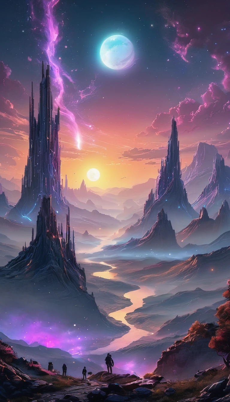 The place is a distant planet, but capable of supporting life. This planet has a purplish blue sky and we can see other galaxies shining on it in addition to the nearest stars. We have 3 moons of different sizes and one of them is so close that we can see the details of its craters. In the background we see a large mountain and two hills further forming a valley in the center with a small stream passing through. We have trees of different types, all different from any type we know, as we are on a planet completely different from planet Earth. The wind subtly blows the trees, giving movement and dynamism to the scene. The entire scene is animated with vibrant colors and subtle contrasts, highlighting the beauty of the scenery and the aura of mystery of the moon. This animated scene captures the excitement and grandeur of an epic journey, the horizon lit by the moon, ready to embark on an incredible adventure full of challenges and discoveries.