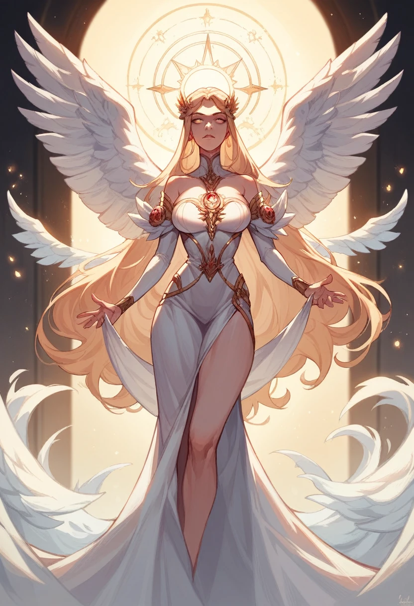 A goddess , immortal aura, holy lights embrazing her, castig a supreme spell, angel wings,