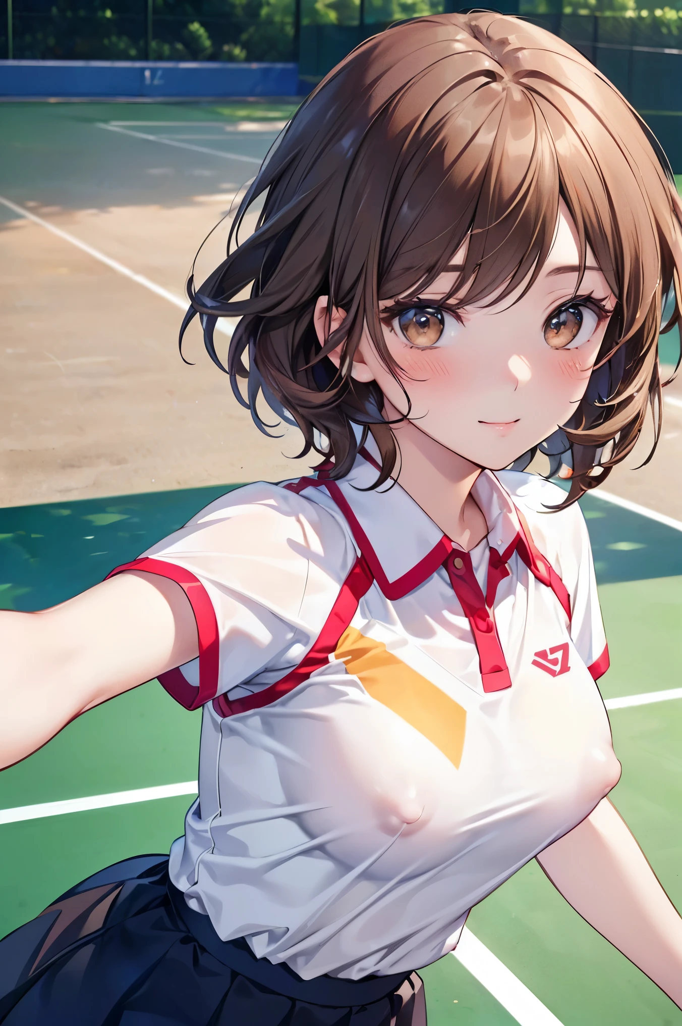 ((Tabletop, Highest quality, High resolution, Hmph, Pixel perfect, 4K, Hmph, Hmph))), One Girl, single, alone, Beauty、The whole body is visible、 ((Mid-wave hair, bangs, Brown Hair)), ((Brown eyes, Beautiful eyelashes, Realistic eyes)), ((Detailed face, blush:1.2)), ((Smooth texture:0.75, Realistic texture:0.65, Realistic:1.1, Anime CG style)), Medium chest, Dynamic Angle, Perfect body, White tennis wear, Short sleeve collared shirt、Pleated skirt、(No good、Puffy nipples)、、 Tennis court、Daytime、look back、Sideways Breasts))))、Very embarrassing panic smile、()、