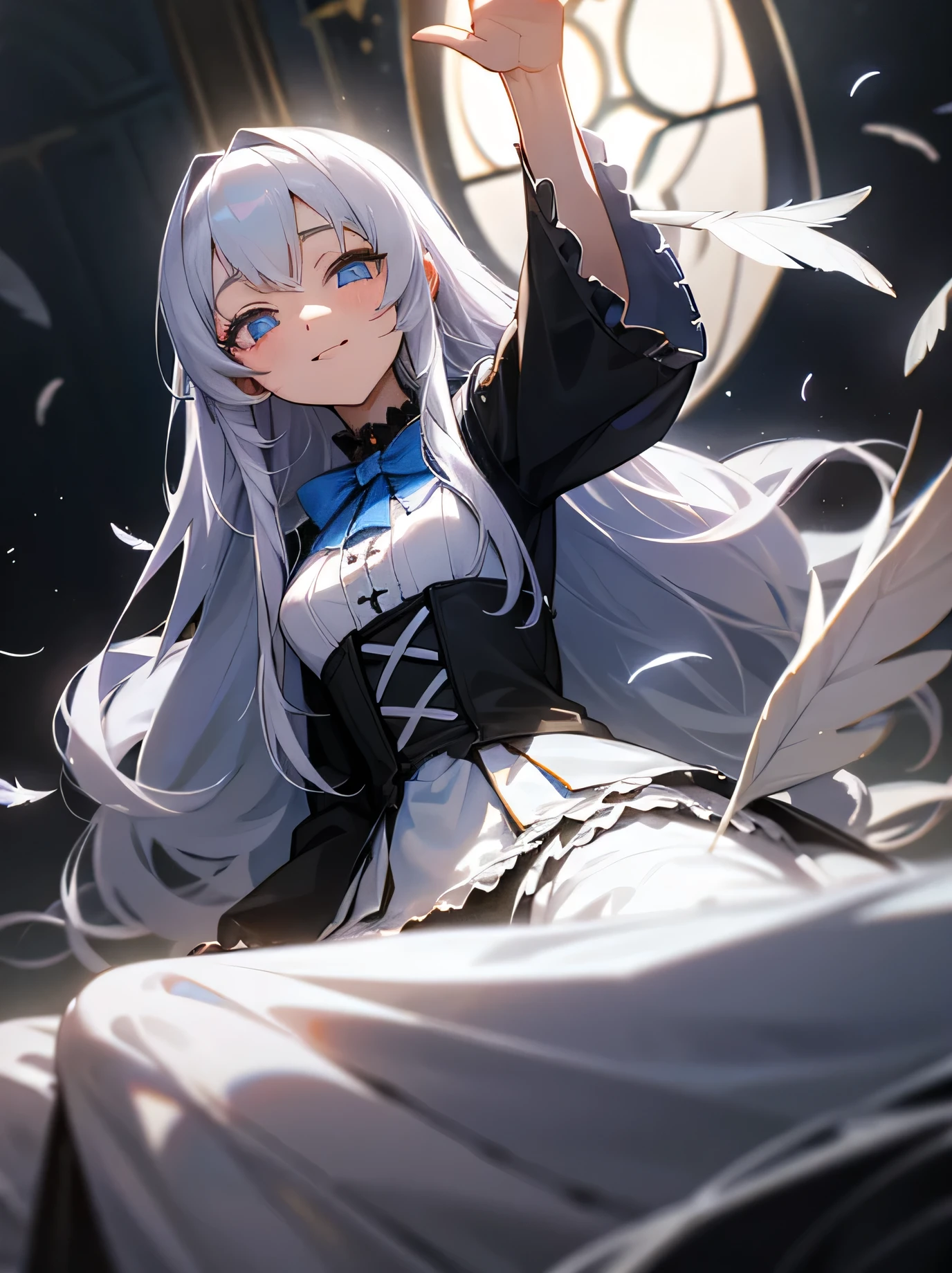 kawaii, anime, Cute, hyper quality, highly detailed, 8k, Clarity, Draw facial expressions in detail, long silver hair woman, mysterious, Beautiful eyes, highlight on eyes, smile, Feathers dance, full of light, wink, Make the background stand out, draw the whole body, light pours from heaven, meditation, sitting, gothic ta clothing, Clarify the contrast between light and shadow, divine, lady, offer a prayer, pull point, Uplifting, eye color is blue,