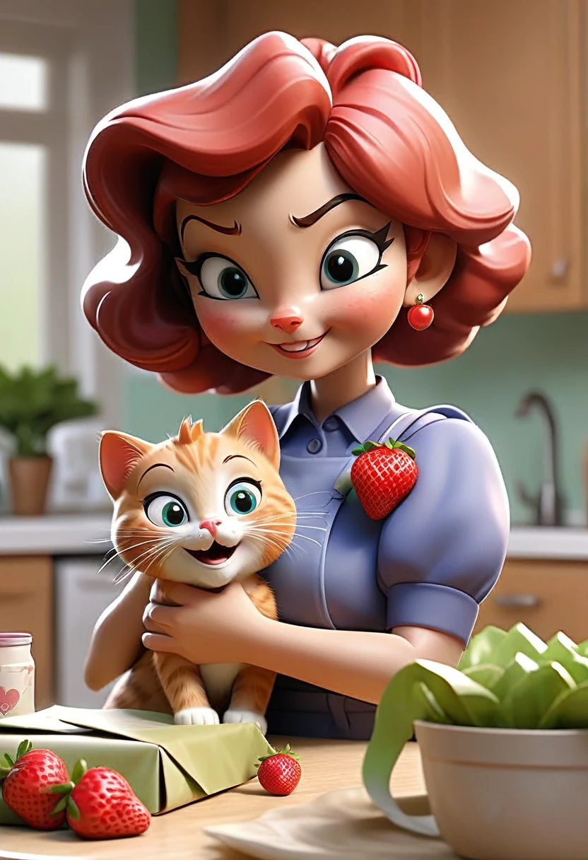 Kitty and Mama are back home, unpacking shopping bags in the kitchen. Kitty is happily holding a strawberry, while Mama is unpacking other items.Elements: Kitchen setting, shopping bags, Kitty’s happiness, Mama’s contentment.