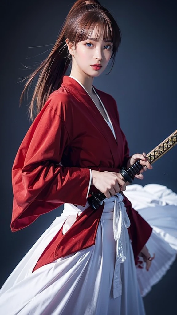 "Rurouni Kenshin",
Moment of enthusiasm, Bold,
Capturing the essence of her fiery determination and indomitable spirit, She explodes in rage, Strongly conveys the raw power of Kenshin's rage, Emphasizing the intensity of the scene, The woman is in a determined stance,
Action with a straight sword in hand,
Long hair, Ponytail, Pink hair, ((Red eyes)), Bright red lipstick,
Katana, Holding a sword in hand,
Cross sign on left cheek,
High quality, Realistic,
20-year-old female,
She wears a red kimono with an intricate pattern, Combined with a white hakama,
The lighting is realistic, (Masterpiece+Top quality+High resolution+Very detailed), (Full body:1.2),Symmetrical, One cut,